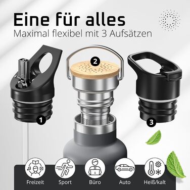 Фляга для води з нержавіючої сталі з трубочкою та інфузером, 3 кришки: без BPA, не протікає, підходить для газованої води - спортивна фляга, термофляга, ізотермос, дитяча фляга для чаю (530 мл, Cool Grey Bamboo)