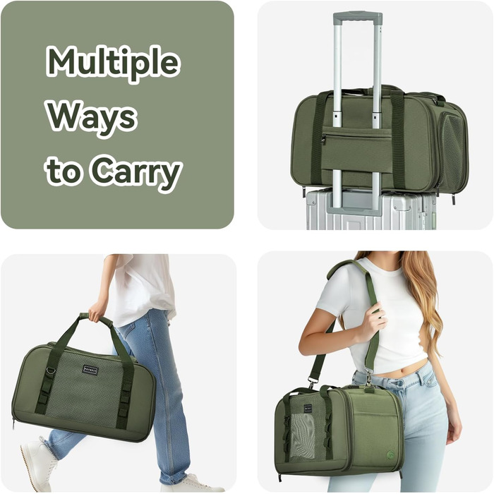 Транспортна переноска для кота та собаки Petsfit - міцна, дихаюча, з ковдрою та ручкою-телескопом, оливковий (49x23x28 см)