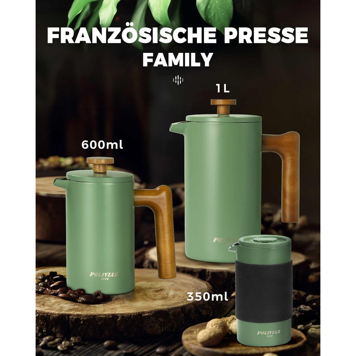 Poliviar French Press Coffee Maker 1 Liter/8 Cups, Double-Walled Insulated Coffee Carafe and Teapot, Manual Filter Coffee Press with Plunger & Wooden Handle, Flatland (Green) JX2020-FPN-DE 1000ml Wild Green