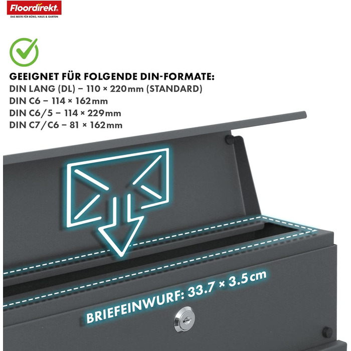 Поштовий ящик Floordirekt Jean Anthrazit з газетницею, замком та великим отвором для кореспонденції, антрацит