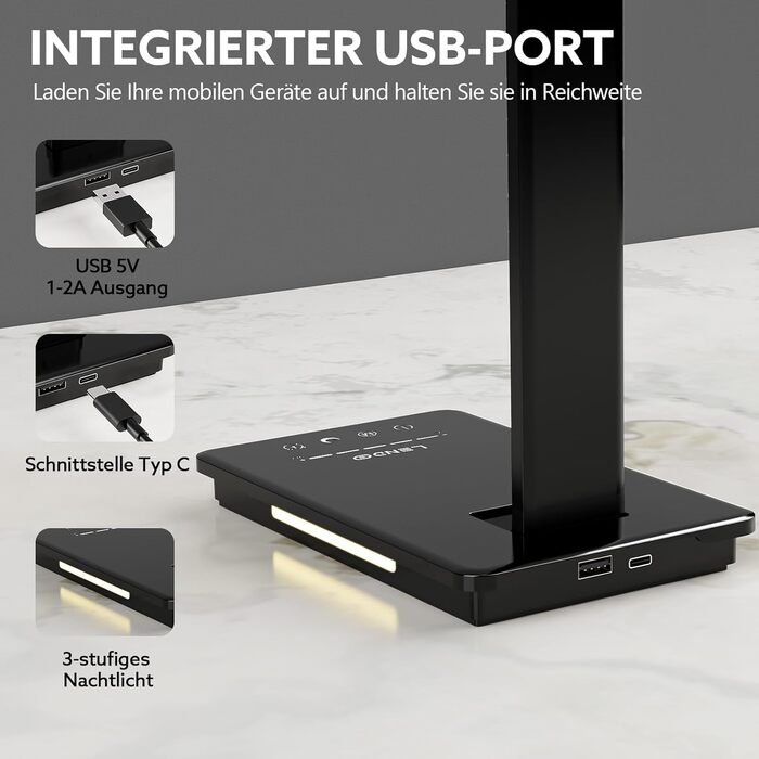 LED лампа настільна LENDOO з двома головками, регульована яскравість 700 люмен, 5 рівнів регулювання, 5 колірних режимів, USB-порт для зарядки та вбудований акумулятор 2000mAh, для дітей, спальні, читання, чорна