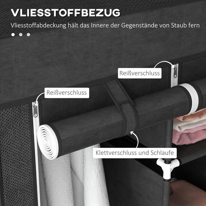 HOMCOM Fabric Wardrobe, Foldable Clothes Closet with Clothes Rod & Drawers, Folding Closet with Zipper, Fabric Closet for Bedroom, Black, 125 x 43 x 162.5