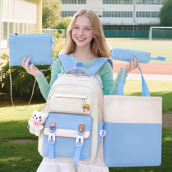 Шкільний рюкзак Tanou для дівчаток 4-х частинний, для 3-7 класів, з пеналом та сумкою через плече, блакитний