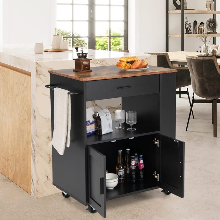 Giantex Rolling Kitchen Cart with Countertop - Kitchen Island with Storage, Mobile Kitchen Trolley with Drawer & 3 Shelves (White & Black)