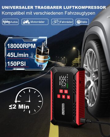 Портативний акумулятор для авто з компресором 150PSI, 7000A, 12V, 8L/10L (бензин/дизель), з запальничкою, LED-ліхтарик B195