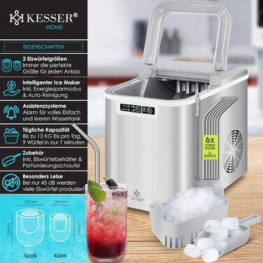 Машина для приготування льоду KESSER® з нержавіючої сталі, 12 кг/24 год, 2,2 л резервуар, LED-дисплей, самоочищення