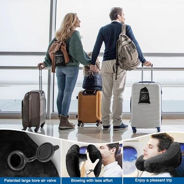 Подушка для шиї в літак, авто: надувна з капюшоном, для дорослих, Travel Pillow, чорна