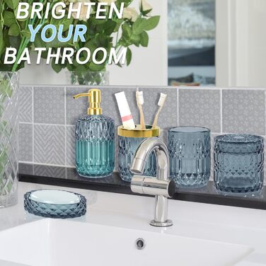 Преміум набір аксесуарів для ванної кімнати зі скла (5 шт.) - склянка, ватні палички, мильниця, дозатор мила, тримач для зубної щітки, ретро-модерн, подарунок на весілля