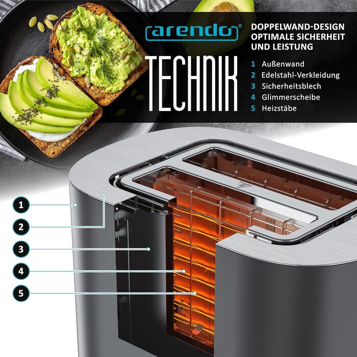 Тостер Arendo з нержавіючої сталі, 2 відділення, сенсорний екран, подвійні стінки, 800 Вт, підставка для тостів, 6 рівнів підсмажування, центрування хліба, індикатор часу, функція пам'яті (Колір: Cool Grey)