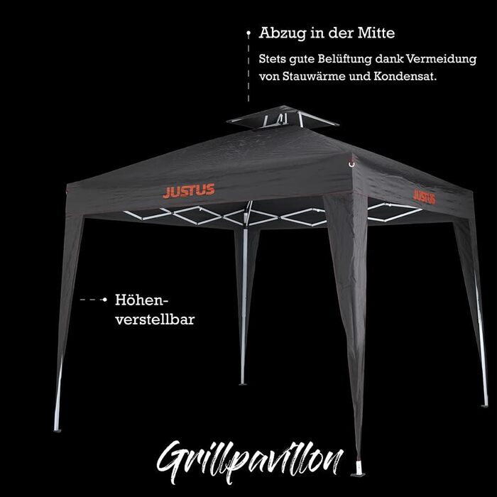 JUSTUS Grill Pavilion, foldable outdoor canopy for the garden, easy and quick assembly, special polyester cover, 250 x 250 x 260 cm, Black
