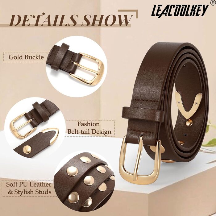 Жіночий шкіряний ремінь LEACOOLKEY для джинсів та штанів, з пряжками, стильний ремінь з нітями, розмір M (82-91 см) та S (66-81 см)
