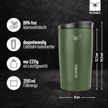 Термокружка для кави KUINEA To Go 350 мл, нержавіюча сталь, 6 годин тепла, з гігієнічним клапаном, без BPA, зелена