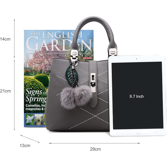 Сумка жіноча шкіряна NICOLE & DORIS 2025 чорна/сіра з помпоном та знімним ремінцем