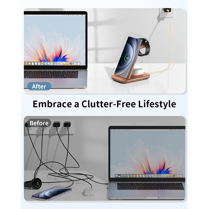 Бездротова зарядка JoyGeek 3 в 1 для Samsung Galaxy: смартфонів (S25/S24/S23/S22/Z Flip/Fold) та годинників/навушників (Watch Ultra/8-4/Buds), з бамбуковою підставкою