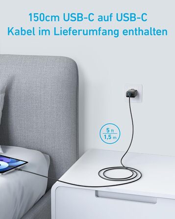 Зарядний пристрій Anker 20W USB-C, адаптер живлення для iPad, швидка зарядка, сумісний з iPhone 17/16/15, кабель USB-C (150см), чорний