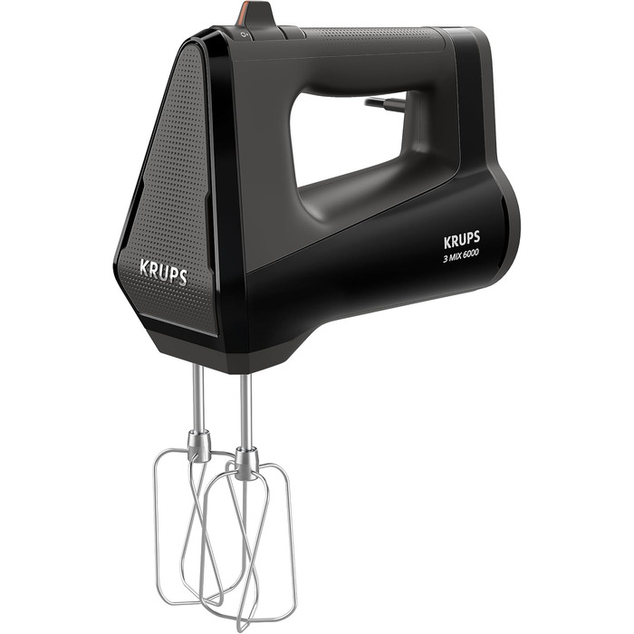 Krups GN6028 3MIX 6000 Hand Mixer | 600 W | Precise Control | Soft-Touch Handle | Long Cord | Practical Speed Control | Includes Whisk and Dough Hook | Black