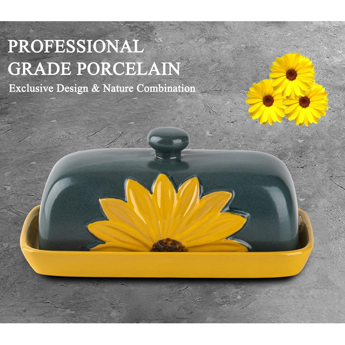 Farmhouse Ceramic Butter Dish with Lid, Large Sunflower Butter Dish