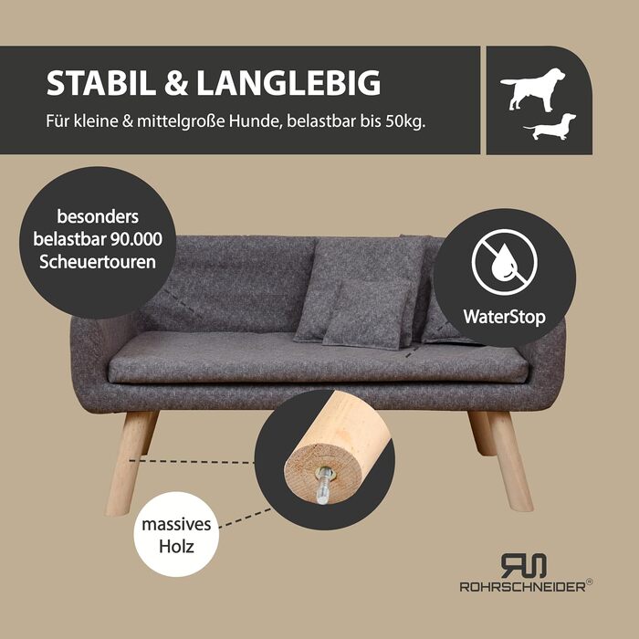 Диванчик для собак Rohrschneider Chicago | Миється, для собак маленьких та середніх порід | Макс. вага 50 кг | Зручний, сірий, розмір 103x57x50 см | З аксесуаром для збору відходів