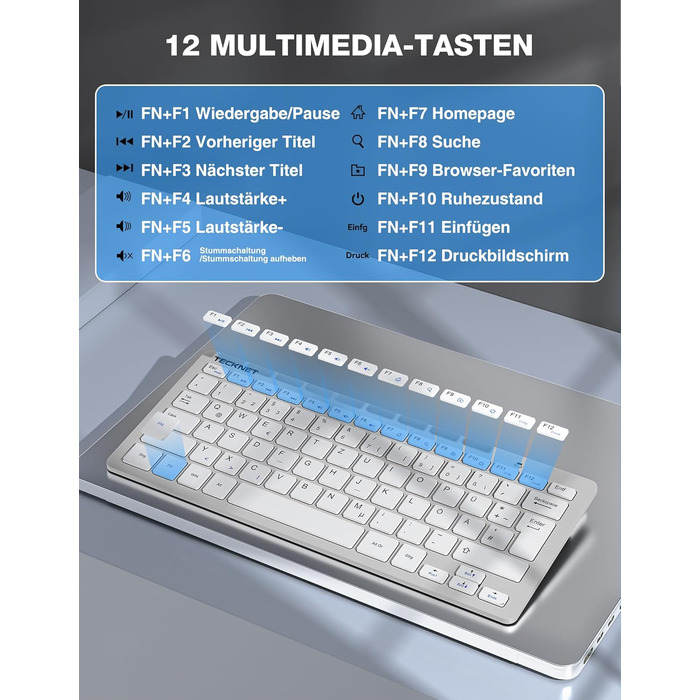 Бездротова клавіатура та миша TECKNET QWERTZ, 2.4 GHz, 15м, тиха, для ПК, ноутбука, Smart TV, білий/сріблястий