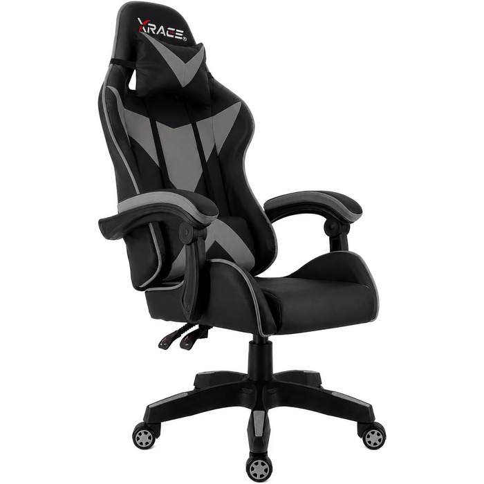 Ігрове крісло xRace Gaming: ергономічний офісний стілець з поперековою підтримкою, екошкіра PU (Сірий, без підніжки)