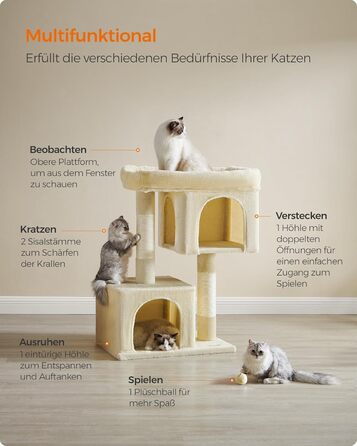 Feandrea Cat Tree, 84 cm Cat Tree, L, Cat House for Large Cats up to 7 kg, Large Platform, 2 Cat Caves, Sisal Posts, PCT61W (XL (68 x 48 x 101 cm), Beige)