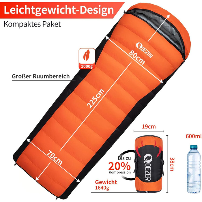 Сплячий мішок пуховий зимовий, 600FP+ преміум-пух, 12°C до -24°C, легкий та теплий для 3-4 сезонів, кемпінг, трекінг, чорний 7°C (оранжевий 0°C)