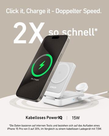 Anker MagGo 3-в-1 Бездротова Зарядна Станція Qi2 15W, Сумісна з MagSafe, для iPhone 17/16/15/14, Apple Watch 9, AirPods (з USB-C адаптером 40W) - Біла
