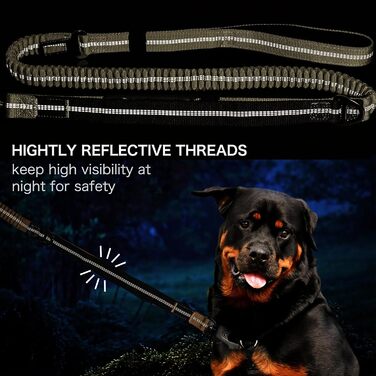 Міцна тактична повідка для собак з карабіном швидкого закриття та світловідбиваючими нитками, 1,2-1,8 м, Power-Stretch, для середніх та великих собак (армійний зелений та чорний)