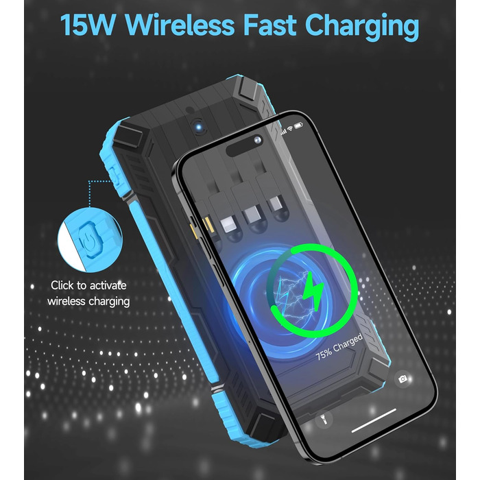 Портативний зарядний пристрій Solar Powerbank 56800mAh з бездротовою зарядкою, 30W PD, 6 виходів, ліхтарик, для кемпінгу та подорожей (Синій)