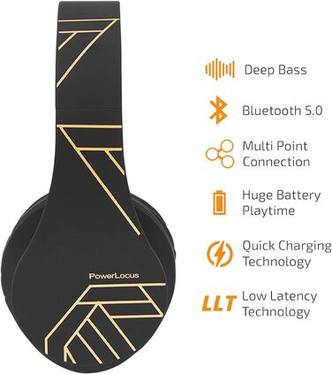 Бездротові навушники PowerLocus Over-Ear з Bluetooth, мікрофоном, складні конструкції, м'які амбушюри, Hi-Fi стерео бас, для дітей/дорослих/TV/PC/Home Office (Чорний/Золотий)