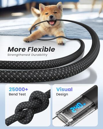 Кабель USB-C RAVIAD: Швидка зарядка PD3.1, 240W, 2м, нейлон, чорний. Сумісний з iPhone, Galaxy, Pixel, iPad, MacBookAir