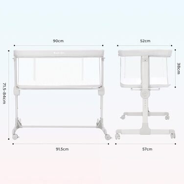 Ezebaby Bedside Sleeper, 2-in-1 Baby Bed from Birth up to 9 kg, Co-Sleeper with 7 Height Adjustments, Includes Mattress/Foldable Side Rail/Wheels, Mesh Fabric Crib (Dark Grey)