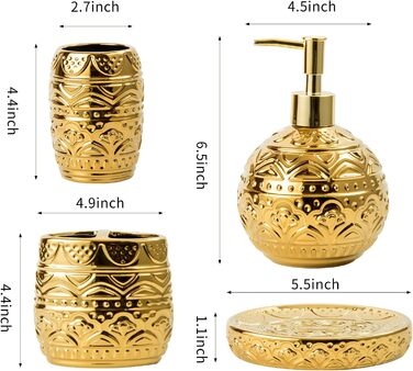 Набір аксесуарів для ванної кімнати, 4 шт. з золотим декором: мильниця, дозатор для мила, стакан та тримач для зубних щіток