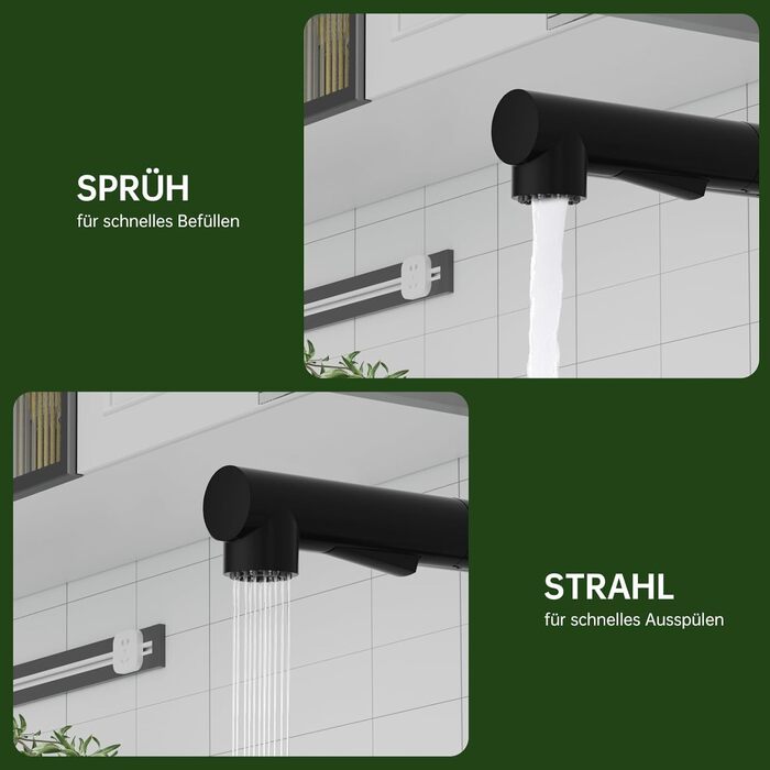 Змішувач кухонний DAYONE з висувною лійкою, нержавіюча сталь, 3 режими, поворотний на 360°, для кухонної мийки (15 см), матовий чорний