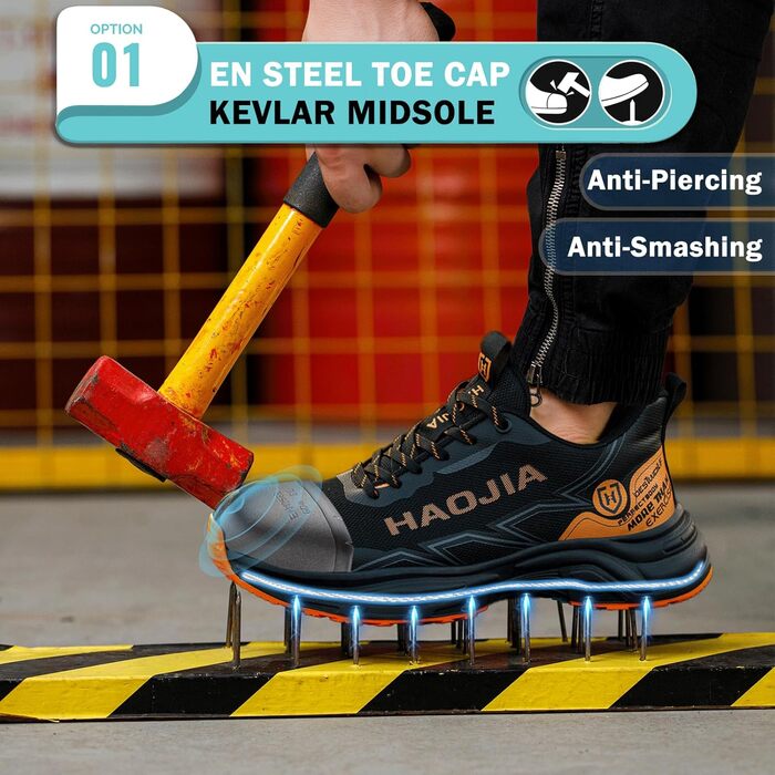 Черевики робочі чоловічі/жіночі, легкі, з металевим підноском, антиковзаючі, дихаючі, для будівництва, майстерні, складу, саду (42 EU, Помаранчевий)