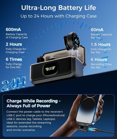 Мікрофон-петличка Aceele бездротовий для iPhone/Android/планшетів/ПК, Hi-Fi звук, шумозаглушення, 24 години роботи, радіус дії 50м, мініатюрний мікрофон для відео/стрімінгу/влогів/подкастів/інтерв'ю з кейсом для зарядки