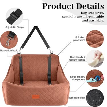 Wooaidagg Large Dog Car Seat - Memory Foam Bed for Medium & Large Dogs, Washable & Detachable, Includes 2 Leashes (Brown)
