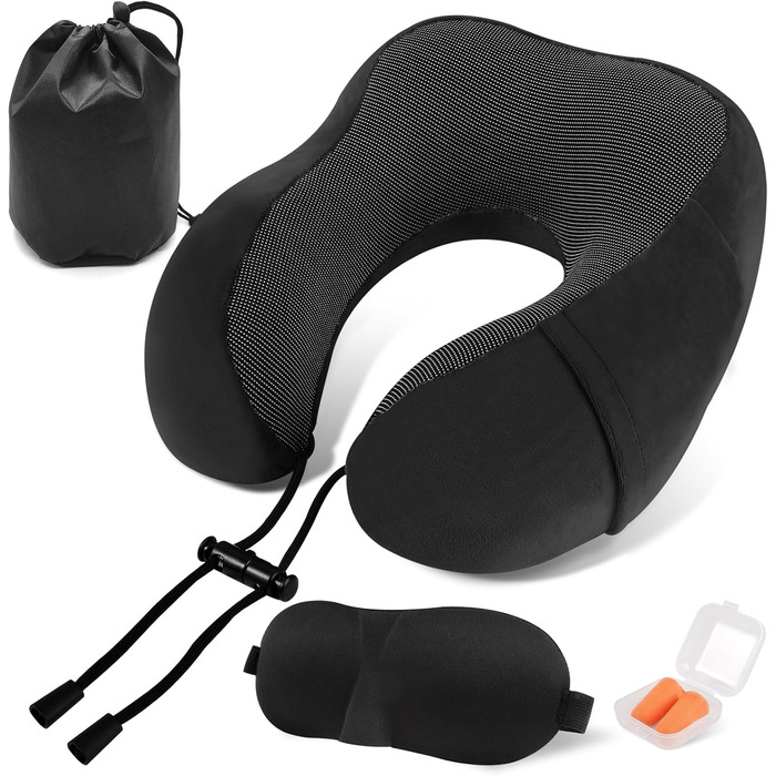 Подушка для шиї у вигляді їжачка Memory Foam для подорожей на літаку, авто, в офіс. З навушниками, маскою для сну та сумкою. Чорна.