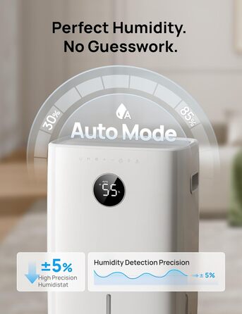 Dreo Розумний осушувач повітря / 24 год, для приміщень 37 м² – енергоефективний та тихий – керування через додаток & Alexa – 3 режими, таймер, регульована вологість, з відводом води, для спальні та ванної кімнати, білий (52L)