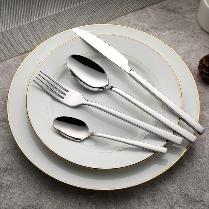 WUJO Cutlery Set, Stainless Steel Cutlery, 16-Piece Silver Cutlery Set including Knife, Fork, Spoon, Teaspoon, Dining Set for 4 People, Mirror Polished, Dishwasher Safe