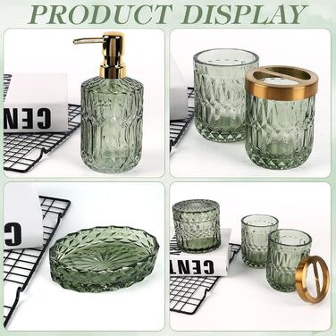 Набір аксесуарів для ванної кімнати NZZVNZ, 5 шт. - зелене скло, набір мильниць, дозатор мила, тримач для зубних щіток, контейнер для ватних паличок, склянка, декор для ванної кімнати, вінтажний подарунок