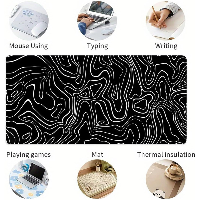 Великий килимок для столу 800x400 мм - ігровий килимок для миші з прошитими краями, неслизька підкладка, килимок для клавіатури та миші Black & White Abstraction (Топографічна лінія)