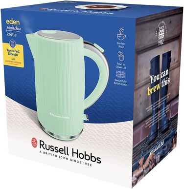 Russell Hobbs Kettle [1.7L 2400W] Eden White, Stainless Steel Accents (removable scale filter, lid opening with a push of a button, water level indicator, illuminated switch, BPA free) Teakettle 27360-70 (Pistachio)