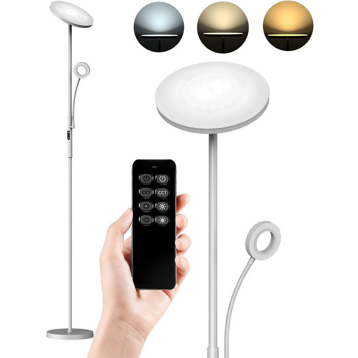 Світлодійна торшер Anten Klara з лампою для читання | Матова | 30W, регульована яскравість, пульт ДУ | 3 кольори світла | Безпечне регулювання яскравості | Світлодійна торшер для вітальні та офісу