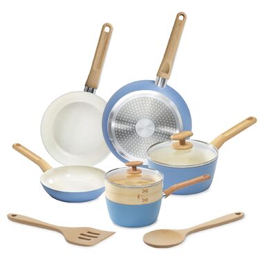 Набір посуду GoodCook керамічний 10 предметів: каструлі, сковороди, пароварка, лопатки, половник, антипригарне покриття, блакитний