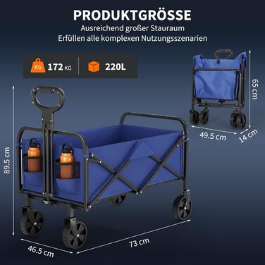 Складний вантажний візок Bollerwagen 220L, синій – для кемпінгу, саду, пляжу. Макс. навантаження 200 кг, сталевий каркас, 600D Oxford PVC