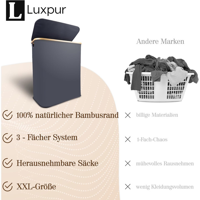 Сортувальний кошик для білизни Luxpur XXL з кришкою, 3 відділення, складаний, бамбуковий, органайзер для прання