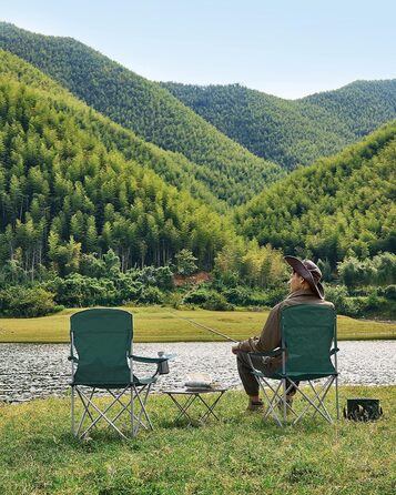 SONGMICS 2-Pack Folding Chair Camping Chair Folding Chair Comfortable Heavy-Duty Construction Max. Load Capacity 150 kg with Cup Holder Outdoor Chair (Dark Green)