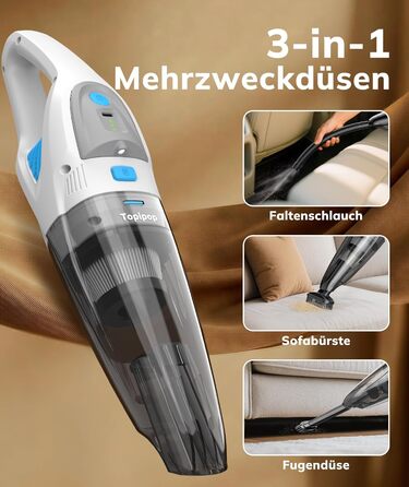 Акумуляторний пилосос Topipop Handstaubsauger 25000Pa з HEPA-фільтром для дому, авто, шерсті тварин (білий)