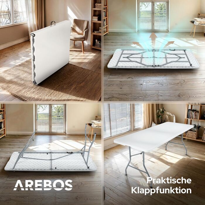 Складаний садовий стіл Arebos Buffettisch – 182 x 74 x 74 см, білий | для 8 осіб | з ручкою для перенесення | стіл для тераси, балкону та кемпінгу